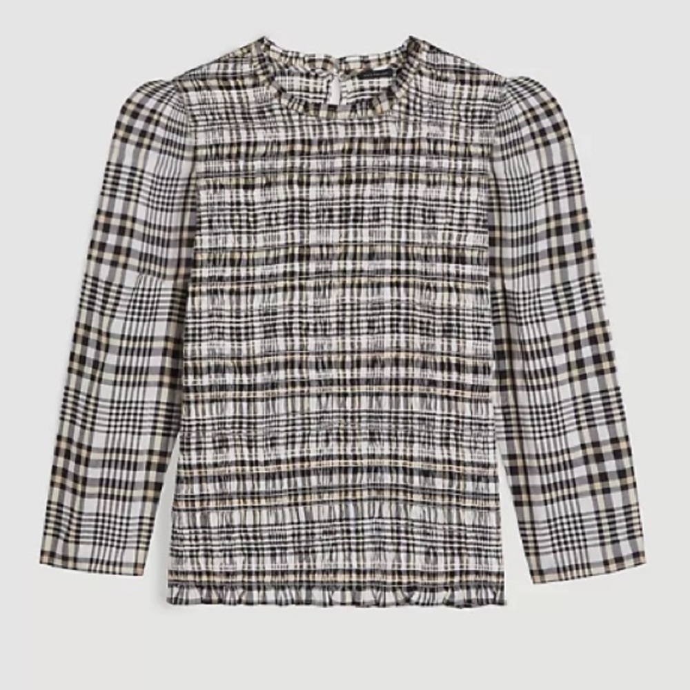 Ann Taylor Black & White with yellow 3/4 Sleeve Plaid Smocked Puff Sleeve Blouse